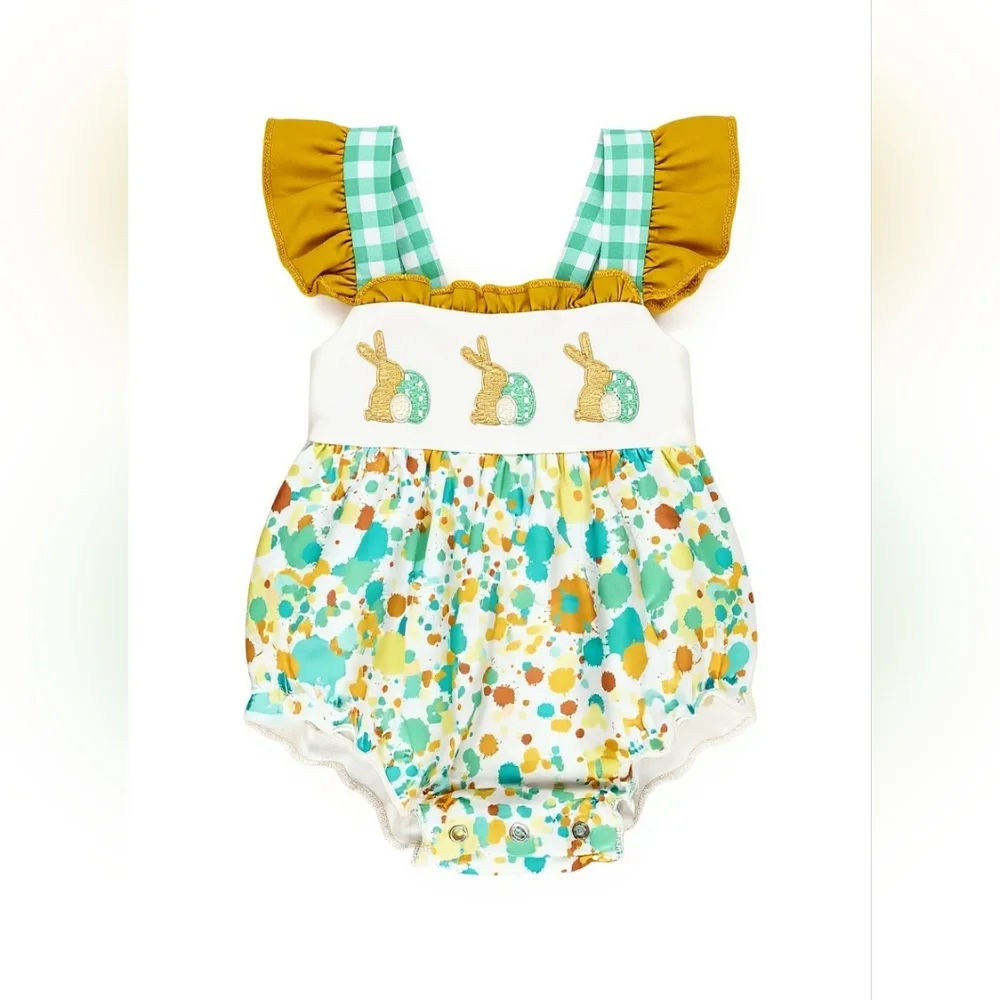 Marie Nicole Green Embroidered Bunny Gingham Ruffle Bubble Sz 12-18M